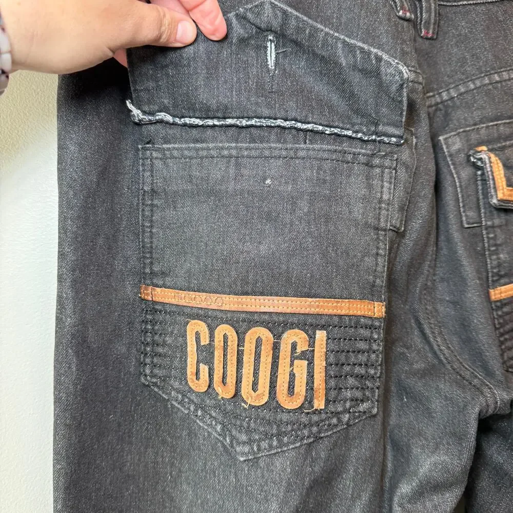 Vintage 90s Y2K Coogi Men's Leather Patch Dark Wash Baggy Jeans Size 38 x 32